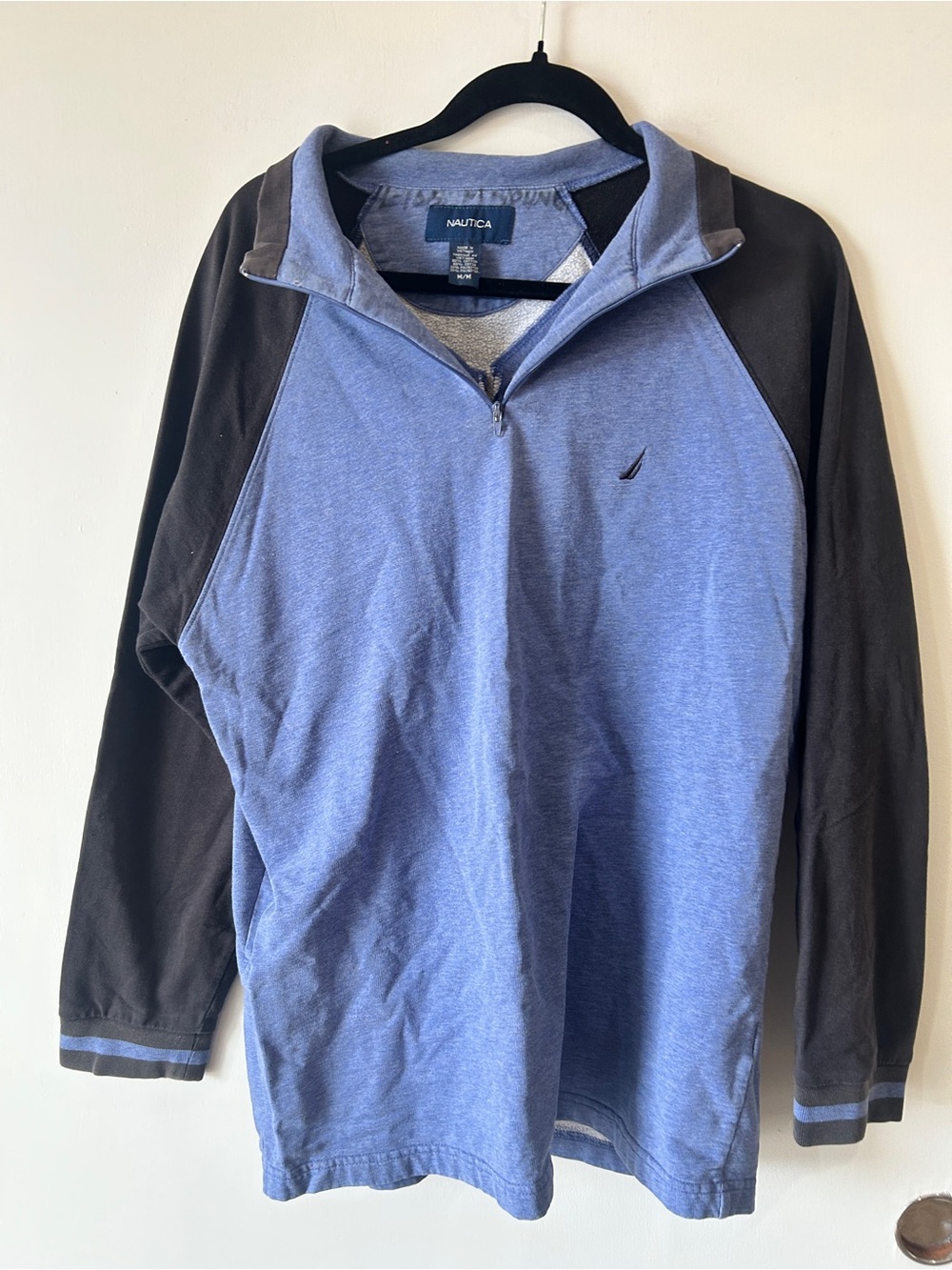 Nautica Men’s Light Blue Quarter-Zip with Black Raglan Sleeves